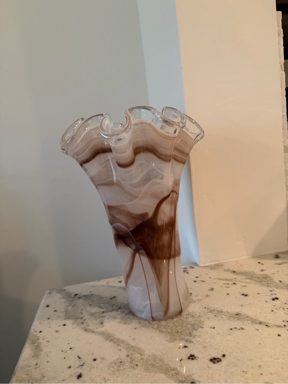 Murano Brown and White Swirl Ruffled Glass Vase